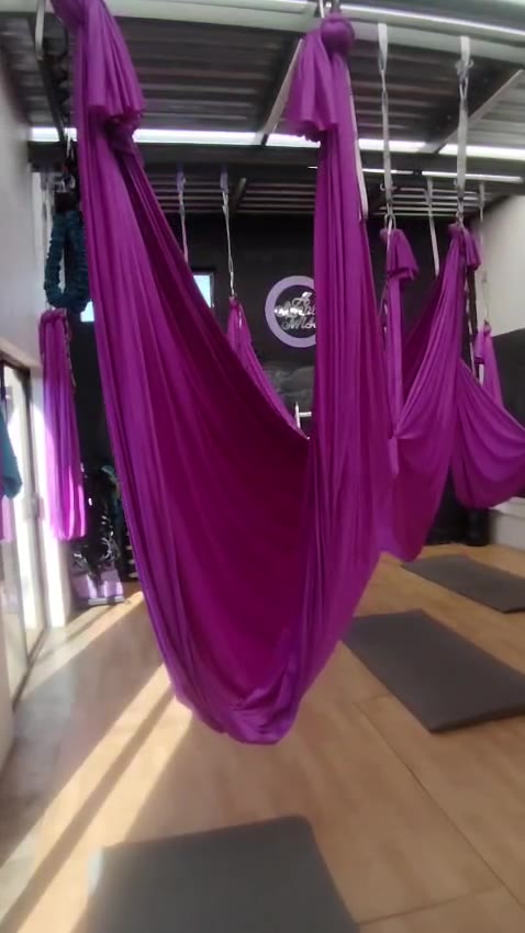 Purple aerial hammocks hanging above a wooden floor